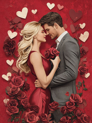 Valentine's Day, a loving couple surrounded by hearts and roses, the woman in a red dress, the man in a gray suit jacket, the woman with blonde hair, in the style of a romance novel cover, digital art, on a red background with heart-shaped paper cutouts.