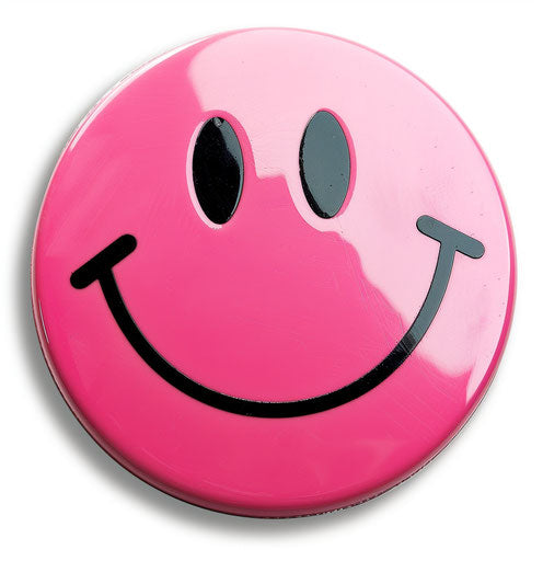 Pink smiley face on white background to left of a circle