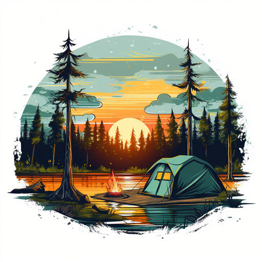 Summer camp illustration in the style of Chiaroscuro Art on white background
