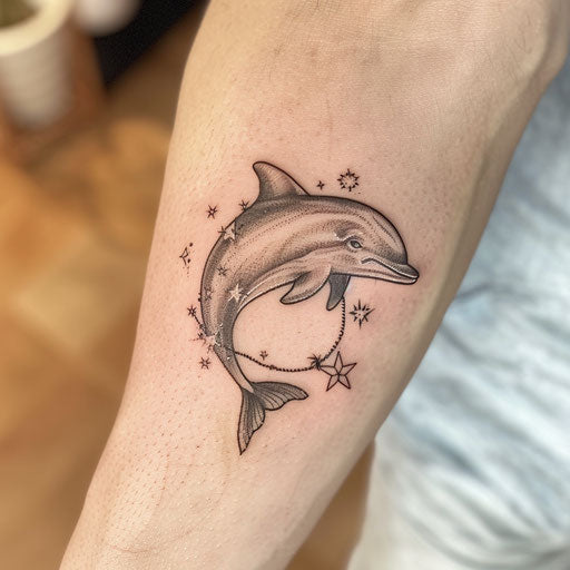 Sailor-style dolphin tattoo with stars and ropes