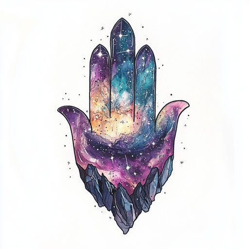 Cosmic hamsa hand tattoo sketch on white background