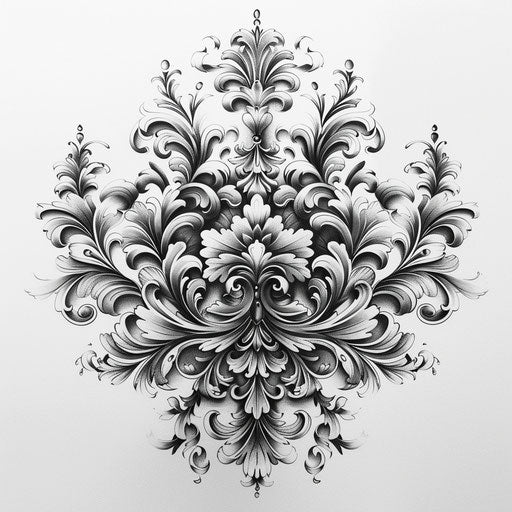 Traditional baroque patterns, black tattoo design, on a white surface