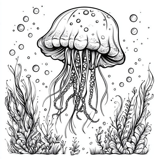Jellyfish adventure in cartoon style, coloring book page
