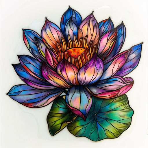 Water lily tattoo in stained glass style, vivid colors, black outlines