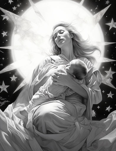 Stars in the sky, Madonna and child style, black and white realism