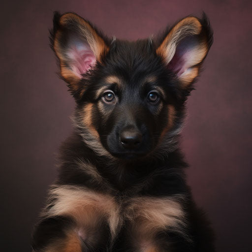 German Shepherd puppy sitting on one leg, pink and navy style