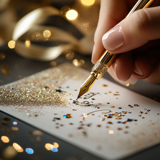 Writing a holiday greeting in a card with a golden pen
