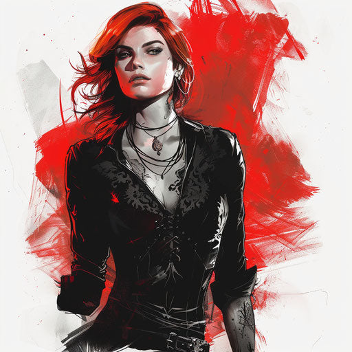 Stylish sketch of a tattoo of Triss Merigold in an elegant pose, in fiery red and black, clipart style