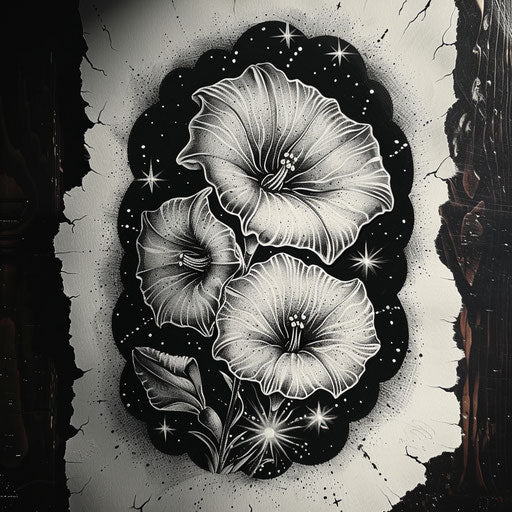 Cosmic tattoo sketch of morning glory against starry sky with glowing effects