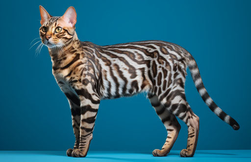 Bengal striped feline on blue background, dark silver style