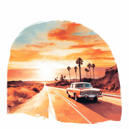 Impressionist style road trip illustration on white background