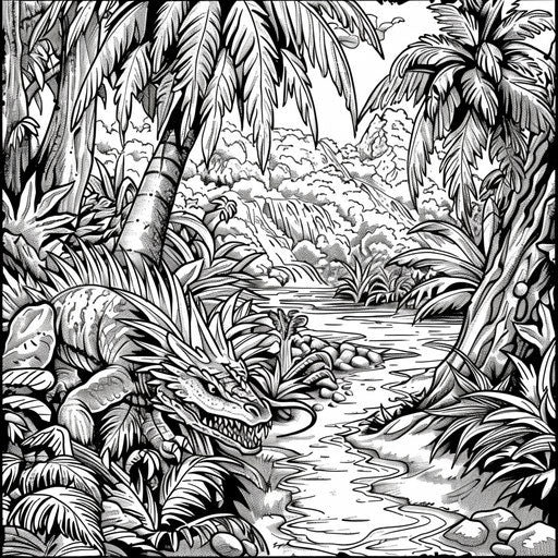 Dragon exploring a dense jungle, in the style of Mark Schultz, coloring book page