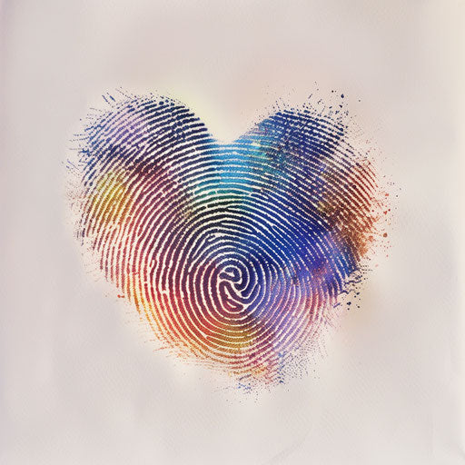 Holographic fingerprint heart tattoo on white paper