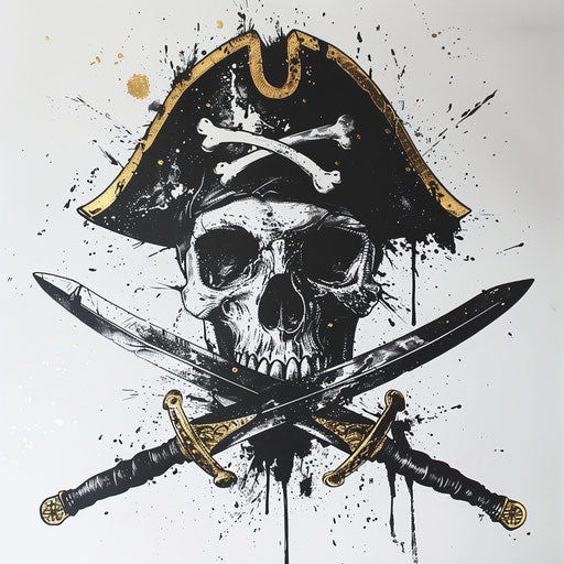 Pirate skull with crossed swords in black and gold on white
