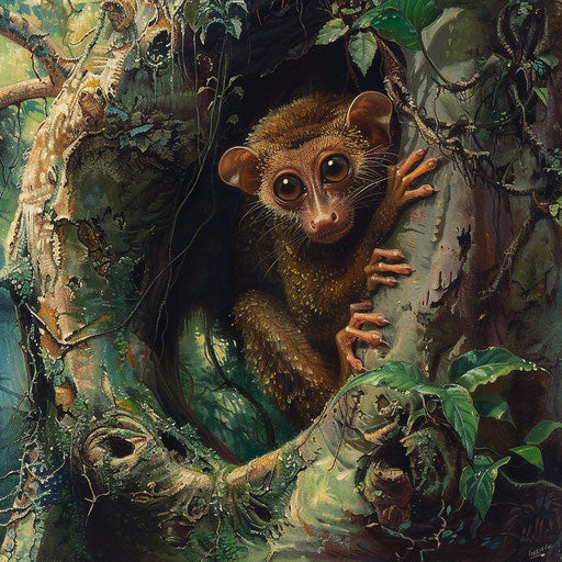 A tarsier perched quietly in the hollow of an ancient tree