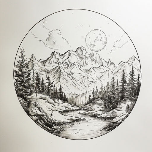 Sketch of eleven tattoos with a serene and majestic landscape