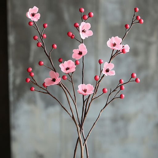 35 pink Valentine's Day flowers with red berries on long brown stems for wedding table decoration