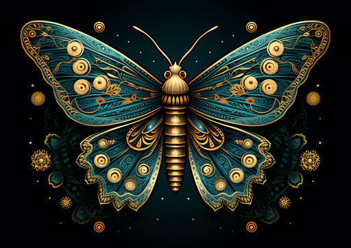 Delicate moth with woodcut-inspired wings in sci-fi baroque
