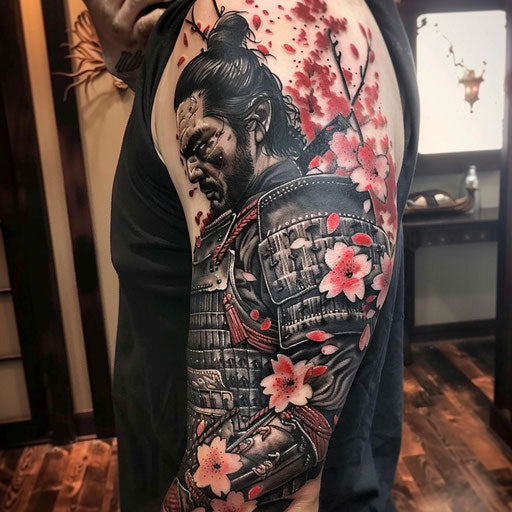 Tattoo sketch of a samurai warrior and cherry blossoms, full sleeve for men