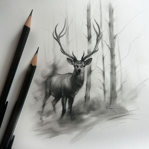 Realistic forest tattoo sketch showing a deer in a misty woodland, drawn on a white background