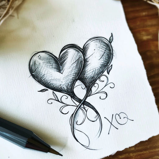 Romantic xo tattoo sketch with intertwined hearts