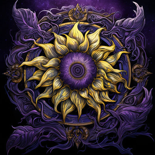 Sun flower and leaves on purple paint