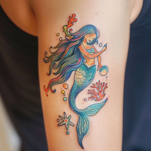 Vibrant mermaid tattoo with colorful tail on white background