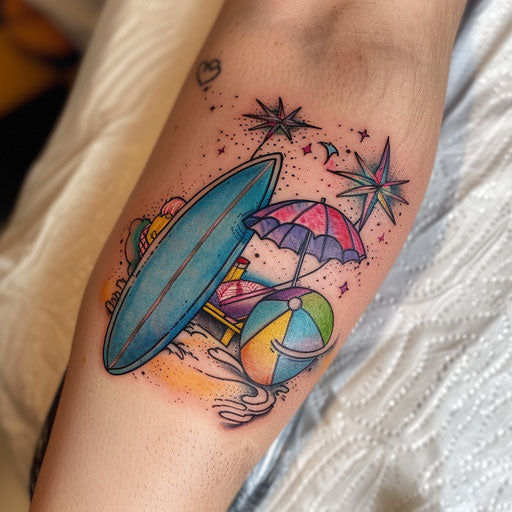 Beach scene with surfboard, beach ball and umbrella