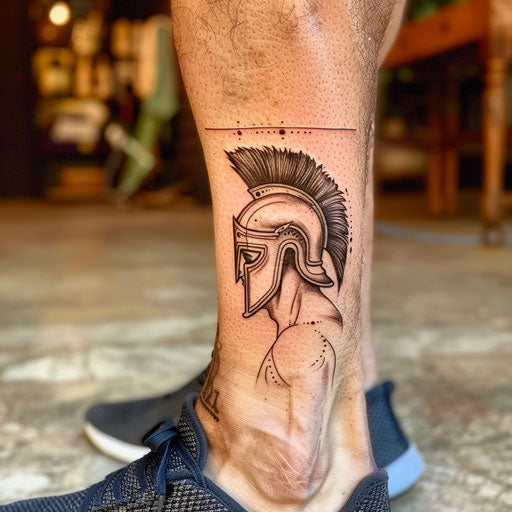 Ankle tattoos in the style of David Palumbo with a warrior helmet