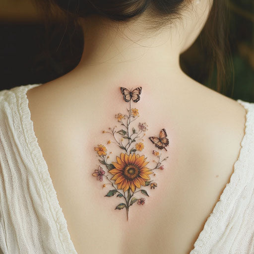 Small sunflower tattoo surrounded by delicate butterflies and blooming flowers