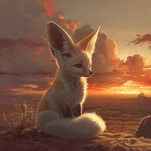 Fennec fox in a desert landscape at sunset