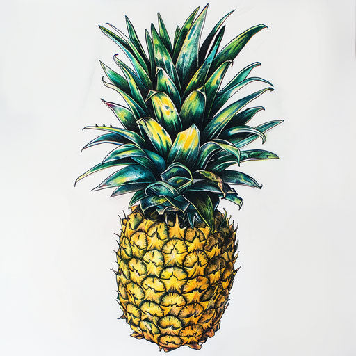 Detailed drawing of a pineapple tattoo design with vibrant yellow and green colors on pure white background