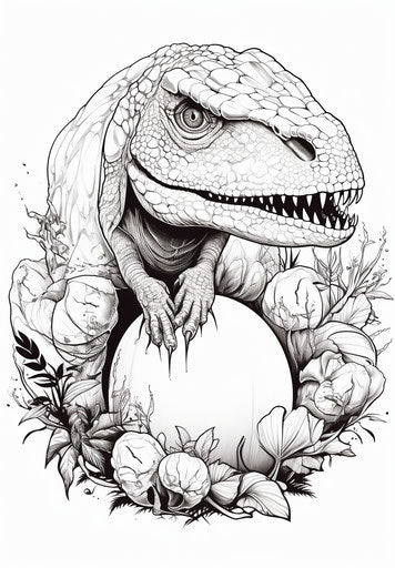 Simple drawing of a dinosaur hatching from an egg in monochrome
