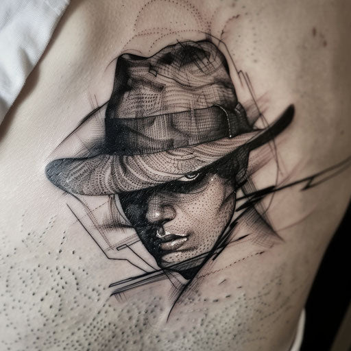Blackwork tattoo of a gangster's hat and eyes