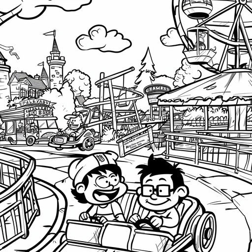 Cartoon characters in an amusement park Coloring book page