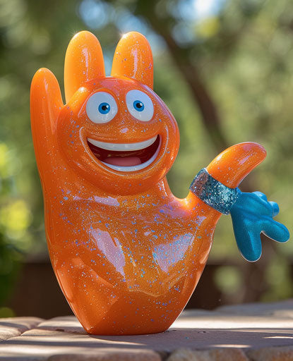 Plastic toy figurine of orange hand with blue glitter bandaid