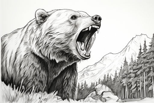 Grizzly bear coloring pages, realistic style, realistic perspective, parodic, warmcore, ivory 34:23