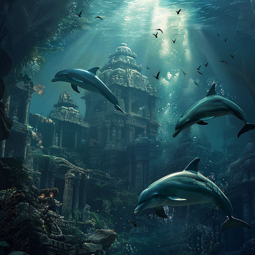 Dolphins swimming around ancient ruins