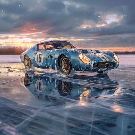 Ice racing Shelby Daytona with spiked tires and frost on its body, speeding across a frozen lake.