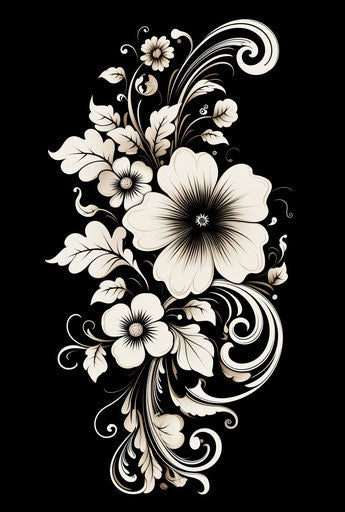 Black and white flower with swirls, gestural calligraphic style inspired by nature