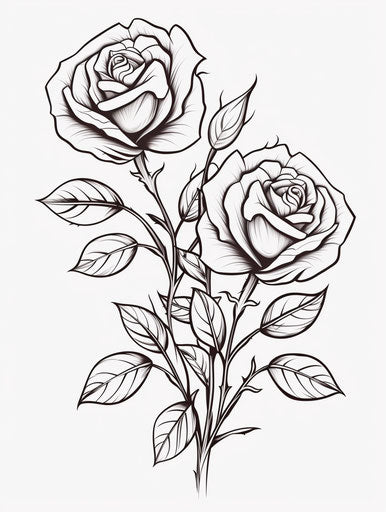 Three roses on white background, #screenshotsaturday style, elaborate ornamentation, twisted branches, bold outline, multi-layered