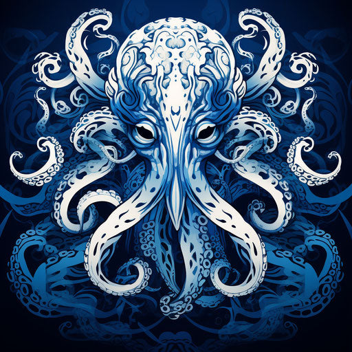 Blue and white octopus design with swirls