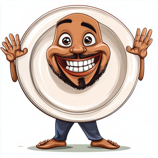 Humorous caricature of a plate with exaggerated human characteristics