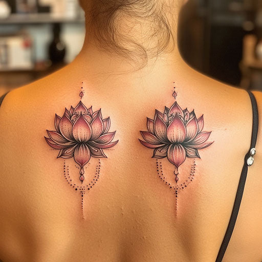 Mother daughter tattoos with matching lotus flowers