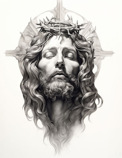 Religious face in light gray and silver, classic tattoo motifs