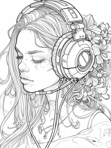 The flower girl in an image of coloring pages with headphones