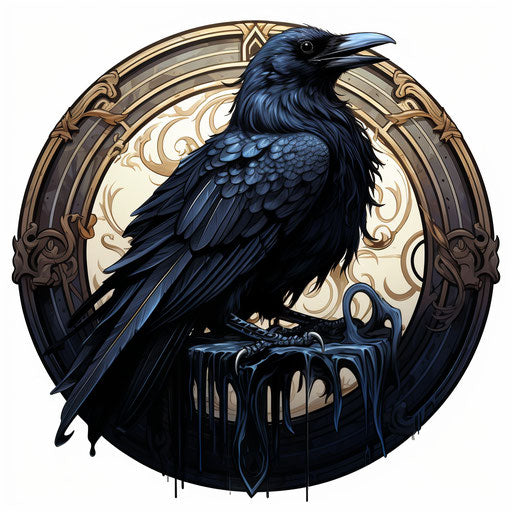 Tattooed raven with circular wing design