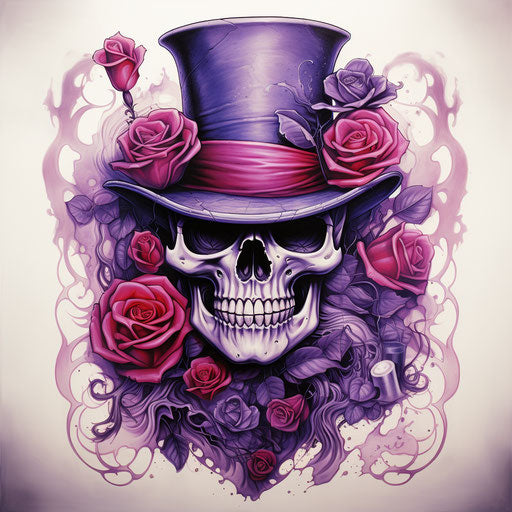 Skull with top hat and roses tattoo design