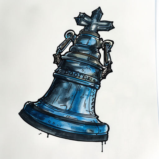 Drawing of a liberty bell tattoo design, old school American style with deep blue and black, on white background.