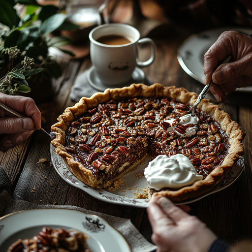Family gathering around table with pecan pie slices